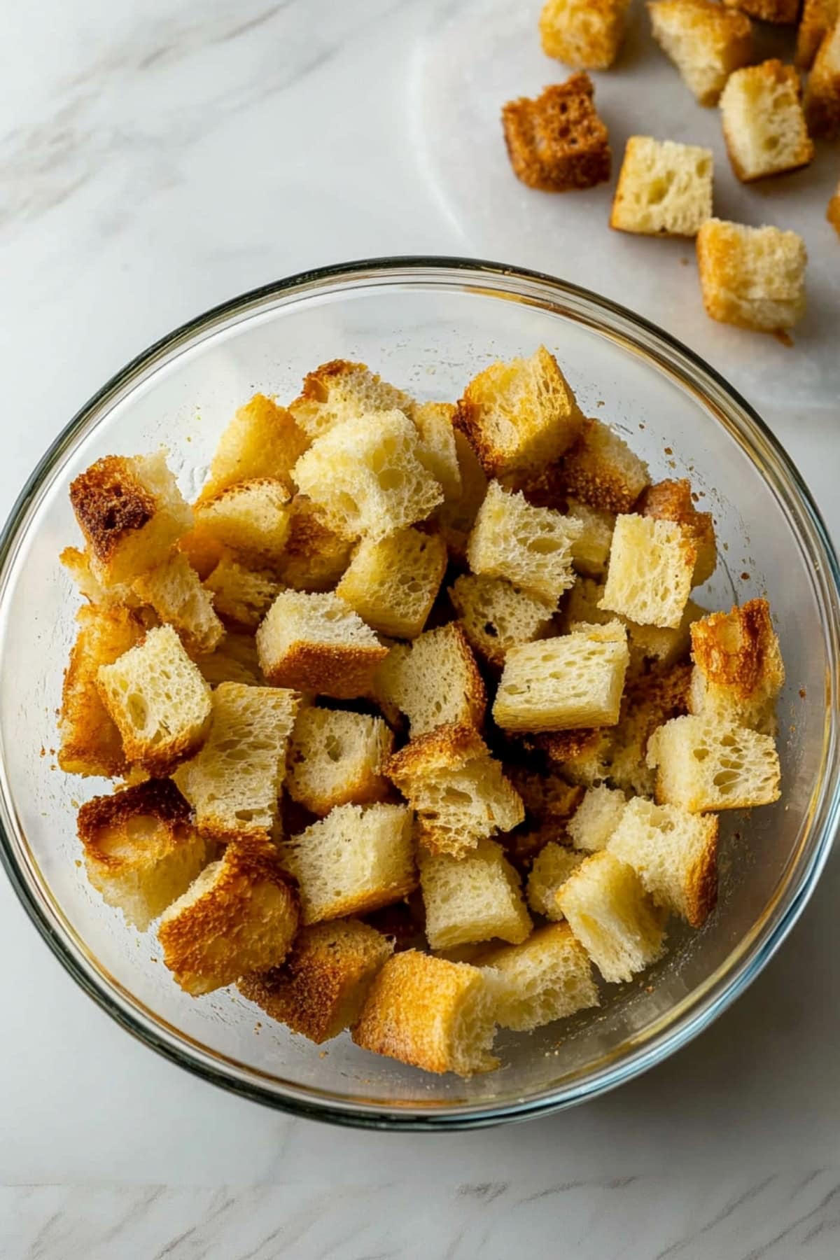 A glass bowl of croutons on a white marble table.