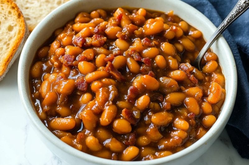 Hearty and comforting Dr Pepper baked beans in a white bowl, served with bread.