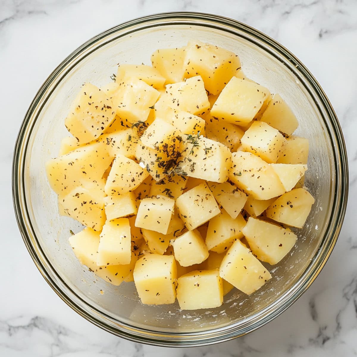 Cube slices of potatoes with herbs in a glass bowl.