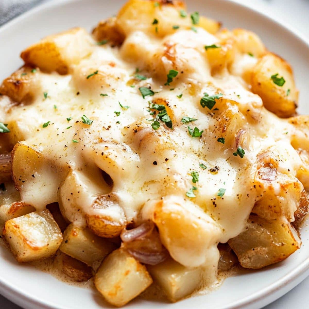 Serving of baked potatoes with cheesy onion soup served in a white plate.