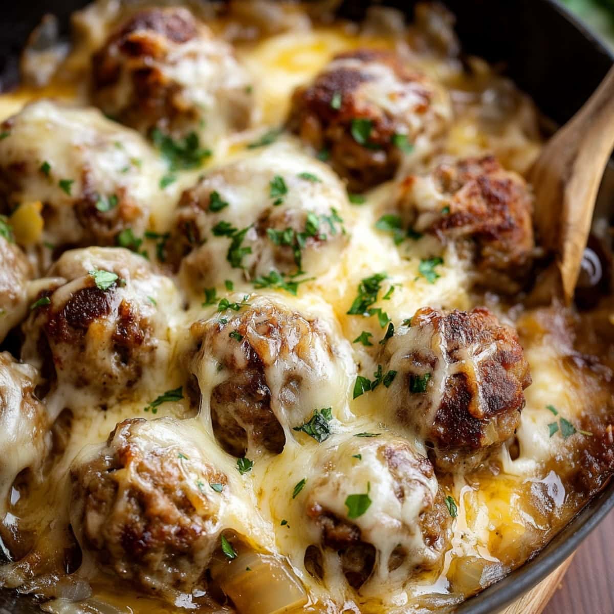 Cheesy meatballs in a savory onion sauce.