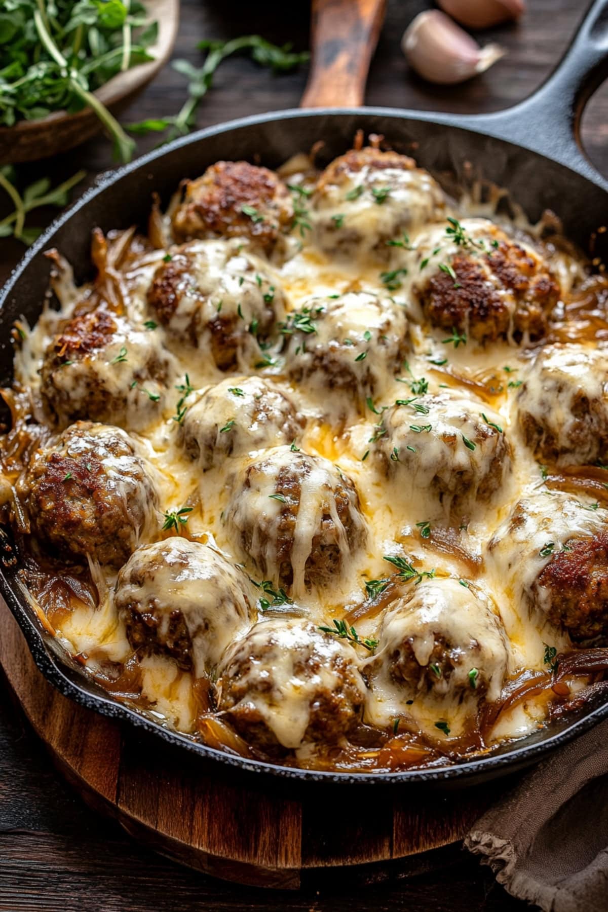 Cheesy homemade French onion meatballs.