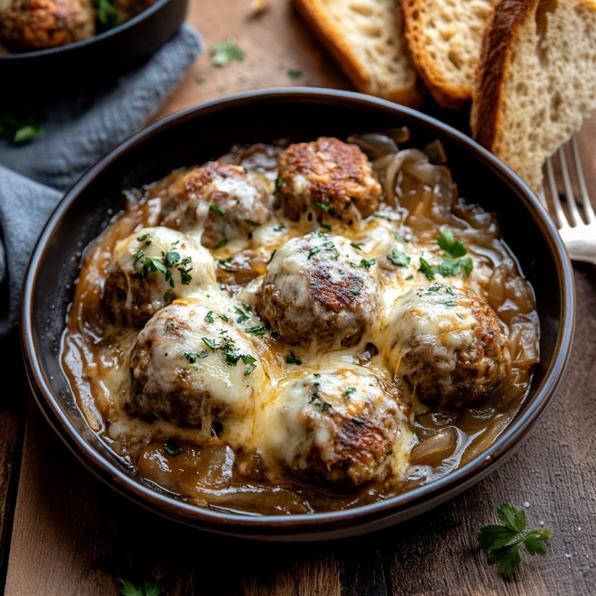 A bowl of French onion meatballs, garnished with herbs.