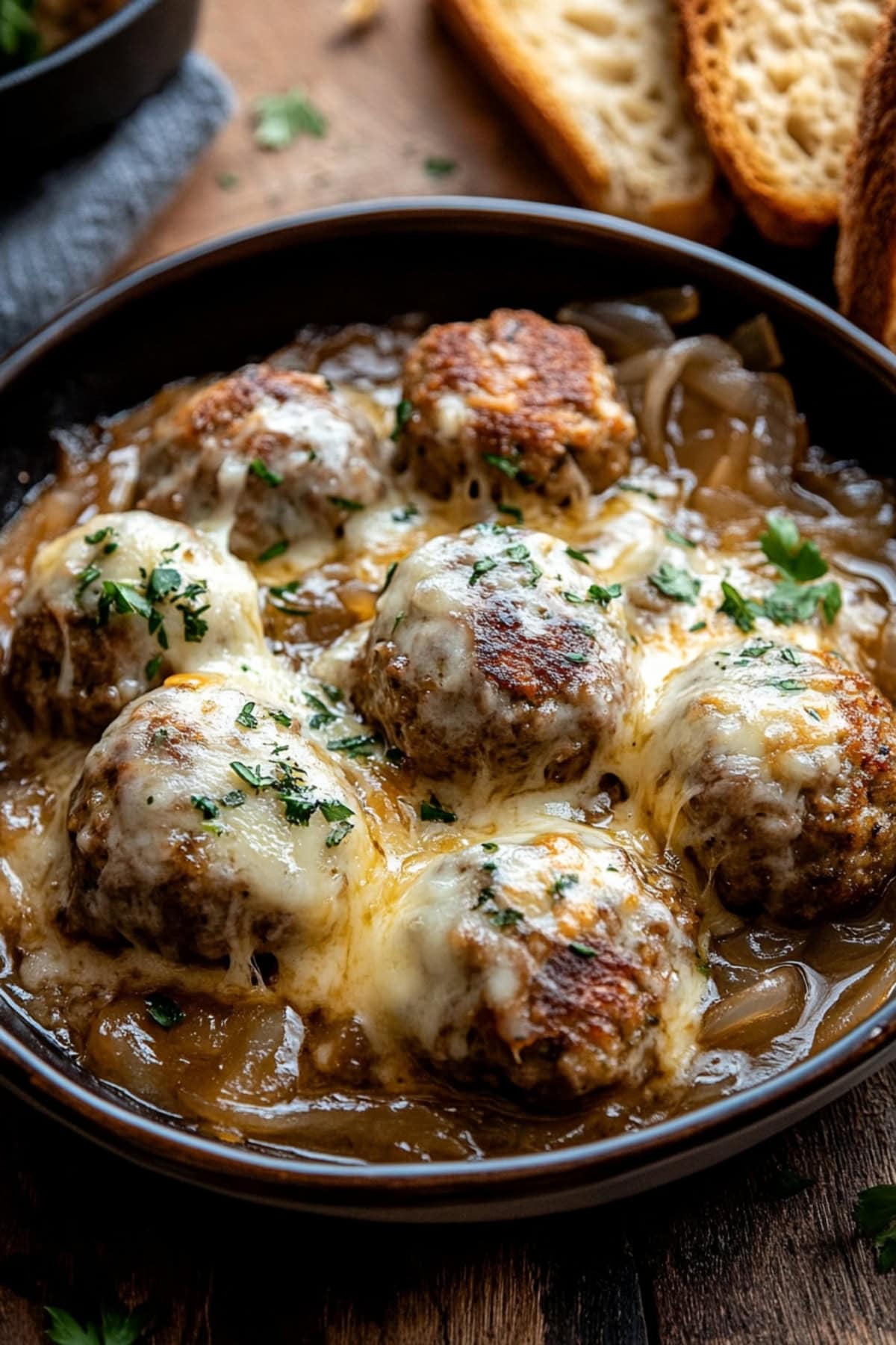 French onion meatballs in a black skillet.