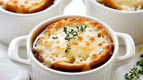 Servings of French onion soup with slice baguettes and melted cheese served in small bowls.