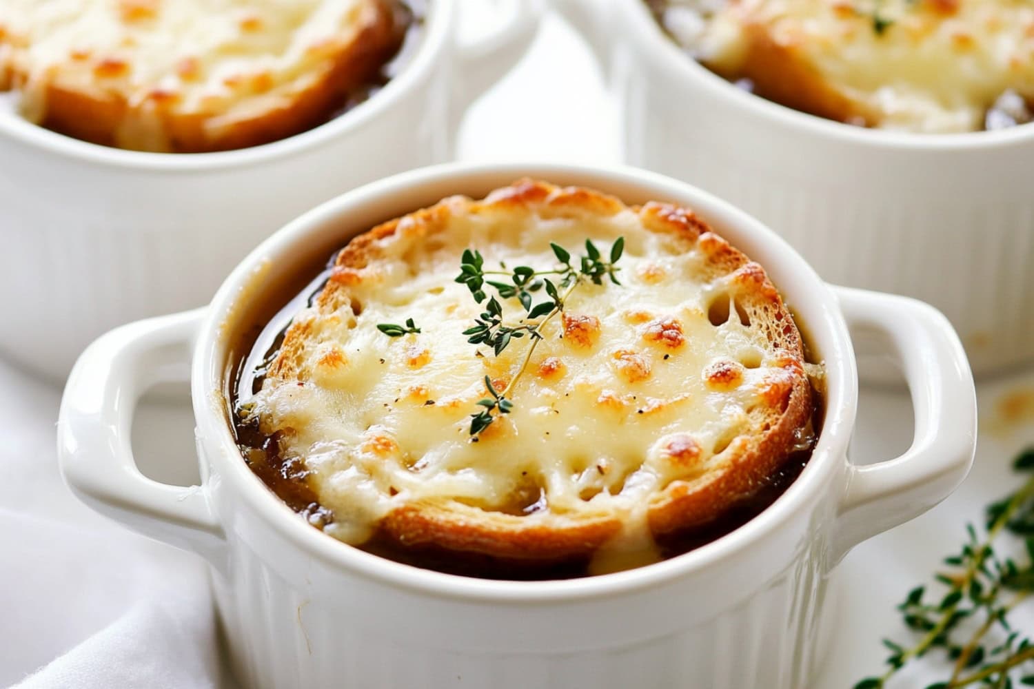 Servings of French onion soup with slice baguettes and melted cheese served in small bowls.