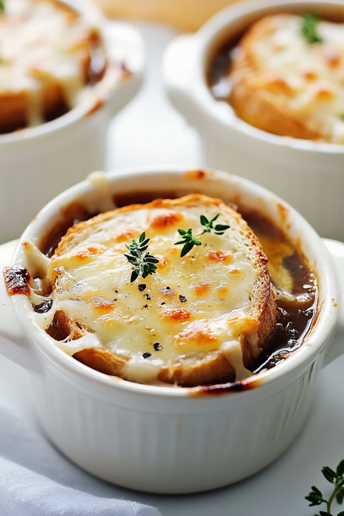 French onion soup topped with slice of thick bread covered in melty cheese and garnished with thyme.