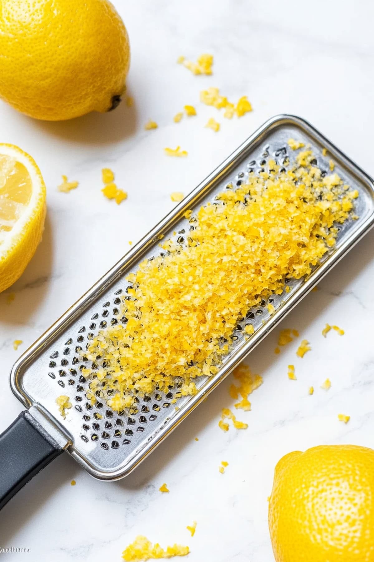 Lemon zests in a grater.