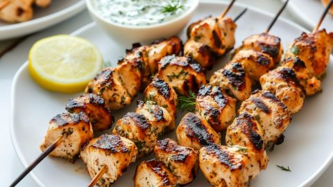 Chicken grilled in a skewers served with lemon and white sauce.