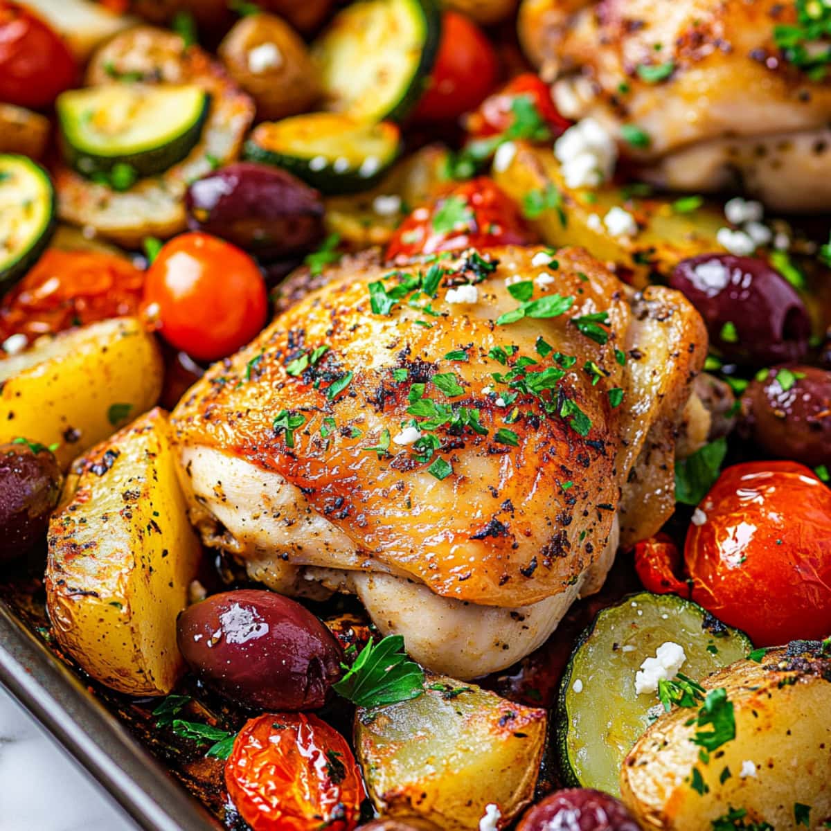 A close-up shot of greek sheet pan chicken with tomatoes, potatoes, olives and herbs.