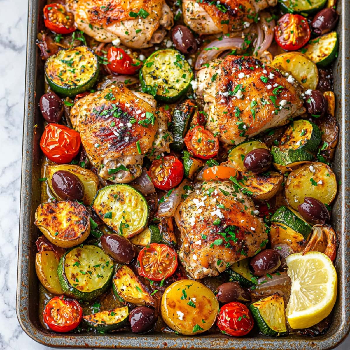 A sheet pan loaded with roasted chicken thighs, lemon slices, bell peppers, red onions, and crumbled feta.