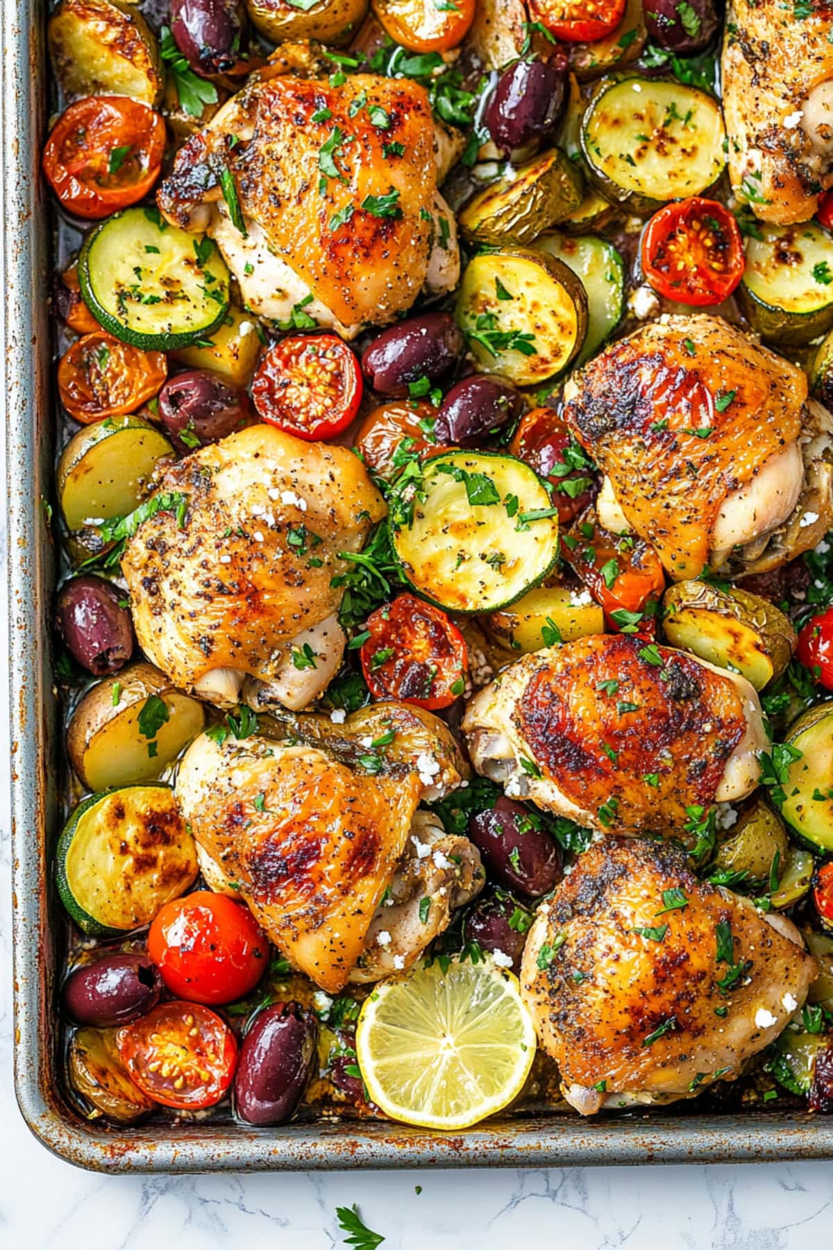 An overhead view of grilled sheet pan chicken with colorful vegetables.