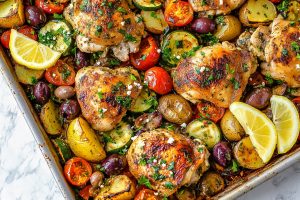 Flavorful and colorful greek sheet pan chicken with vegetables and lime.