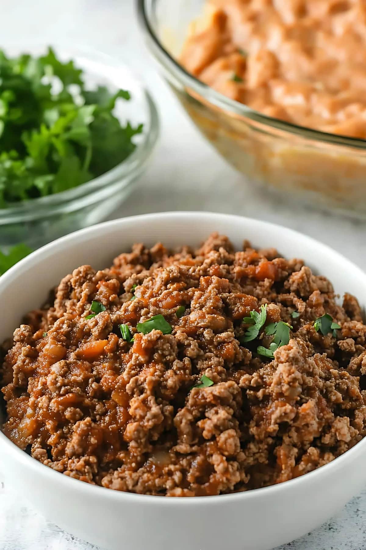 Sauteed ground beef with refried beans and taco seasoning.