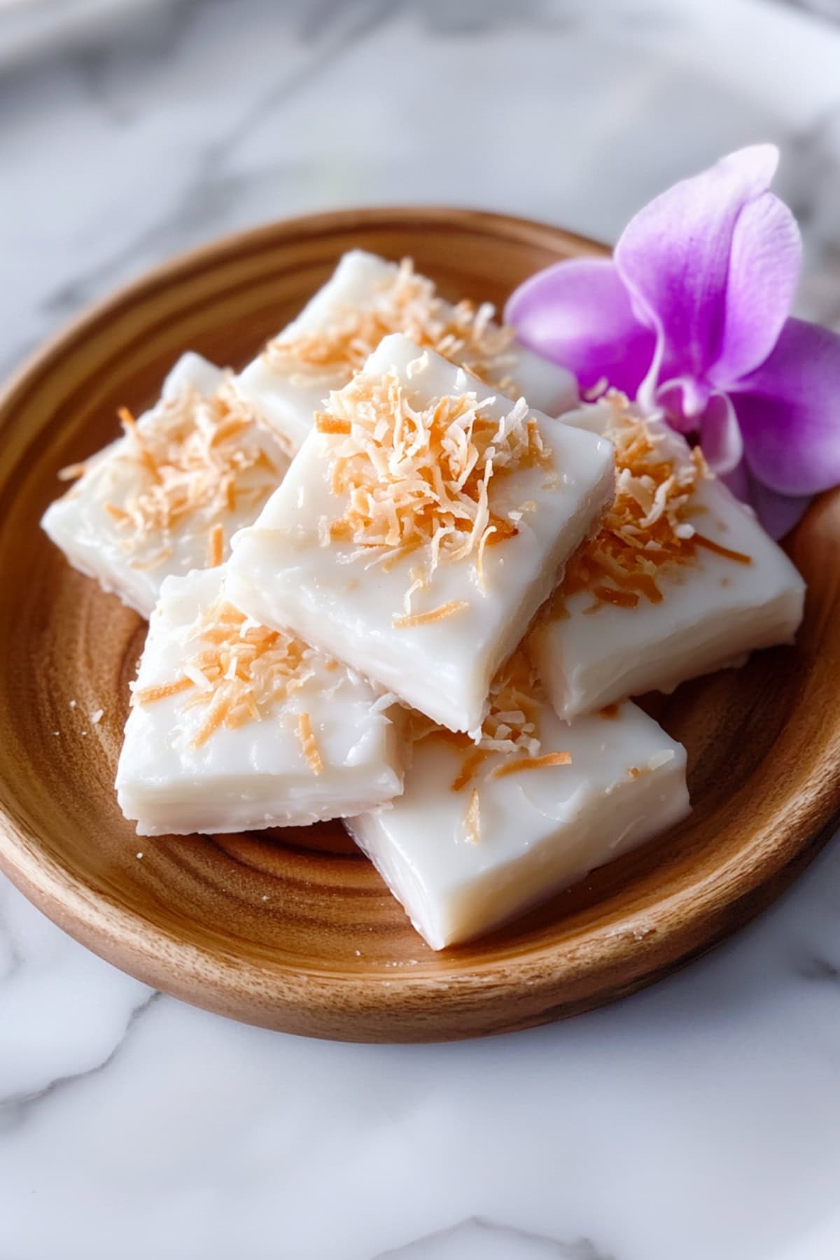 Homemade Haupia (Hawaiian Coconut Pudding) in a Wooden Bowl with toasted coconut and a flower