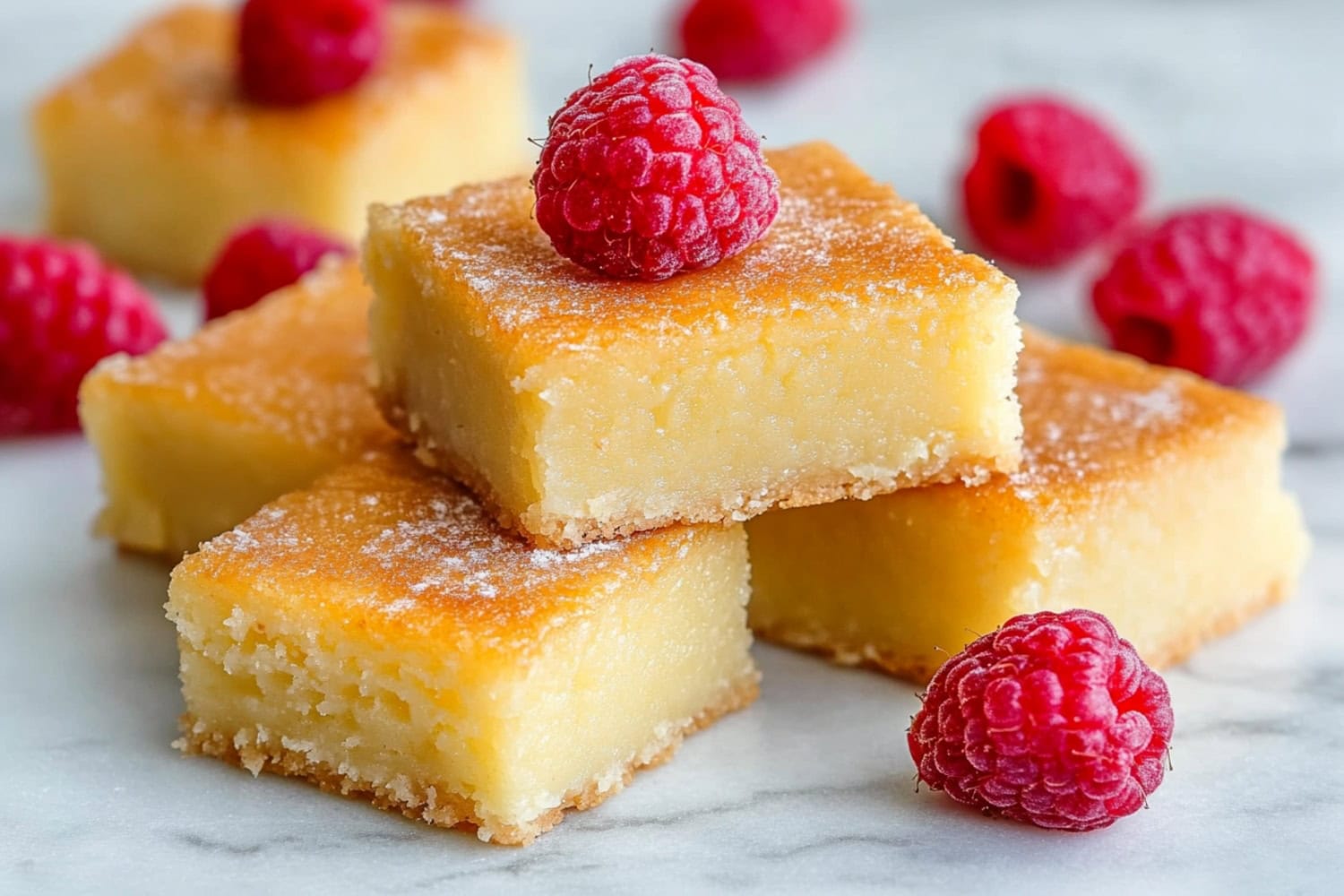 A stack of homemade Hawaiian butter mochi, featuring raspberries.