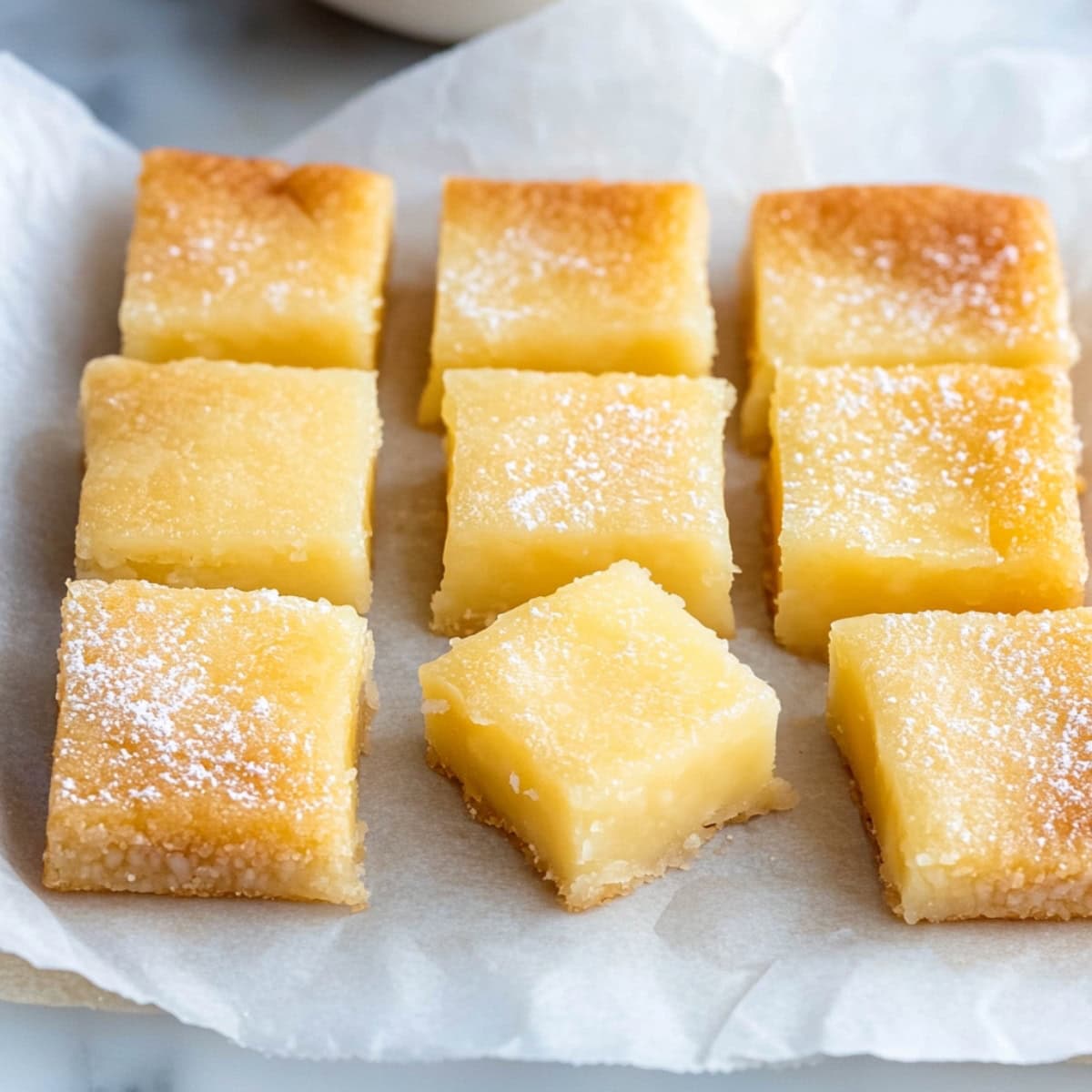 Sticky, chewy Hawaiian butter mochi squares on parchment paper