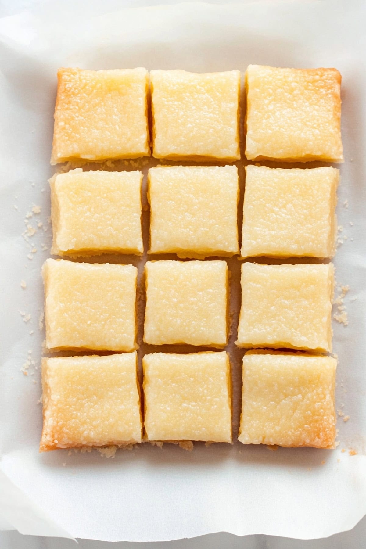 Buttery homemade Hawaiian butter mochi sliced, on parchment paper, top view