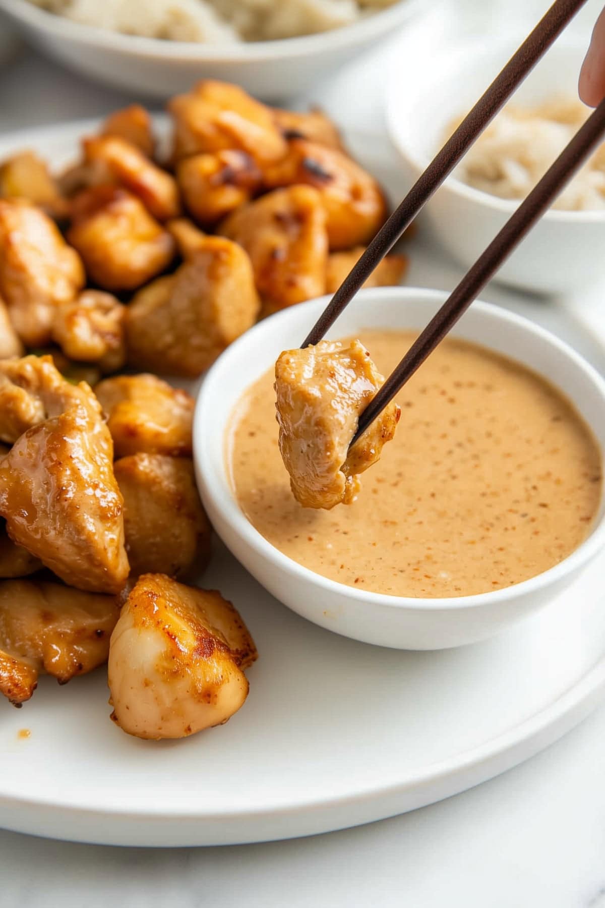 A piece of bite-sized chicken dipped into a bowl of yum yum sauce using chopsticks.