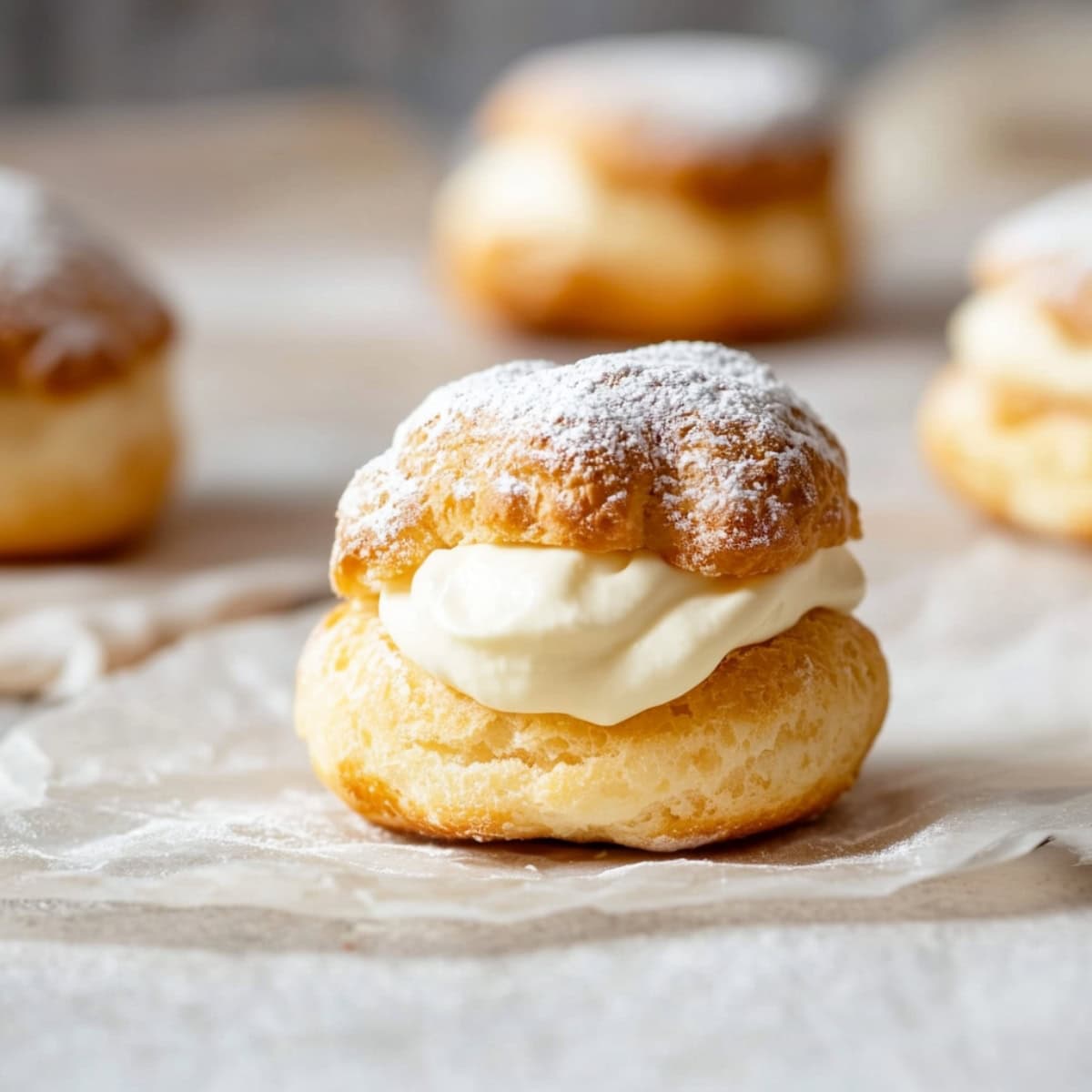 A close up of a cream puff filled with whipped cream on parchment paper, side view