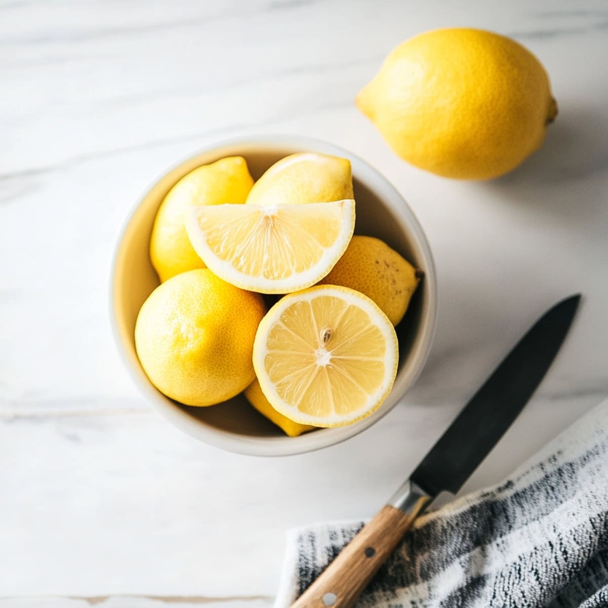 Lemon slices in a bowl, overhead view.