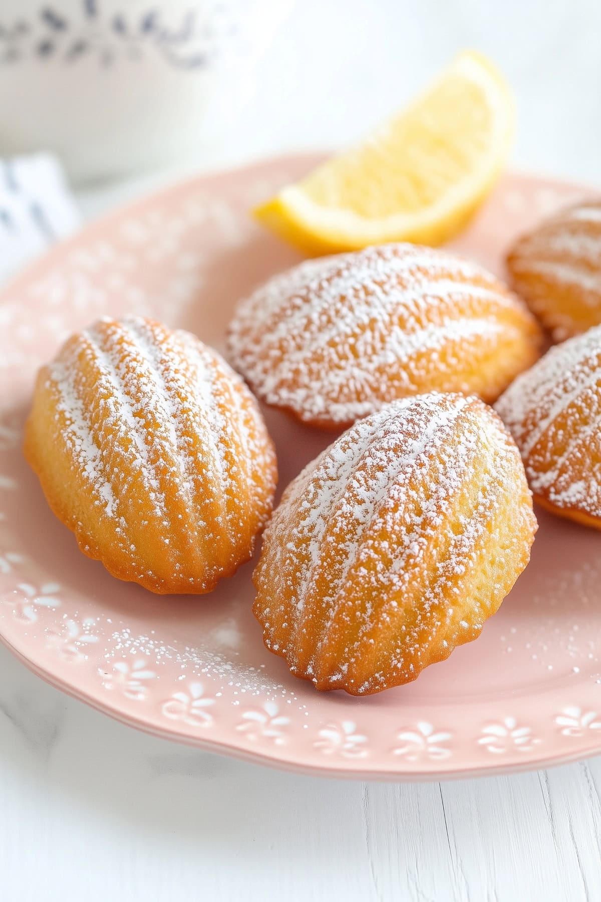 Freshly baked madeleines dusted with powdered sugar.