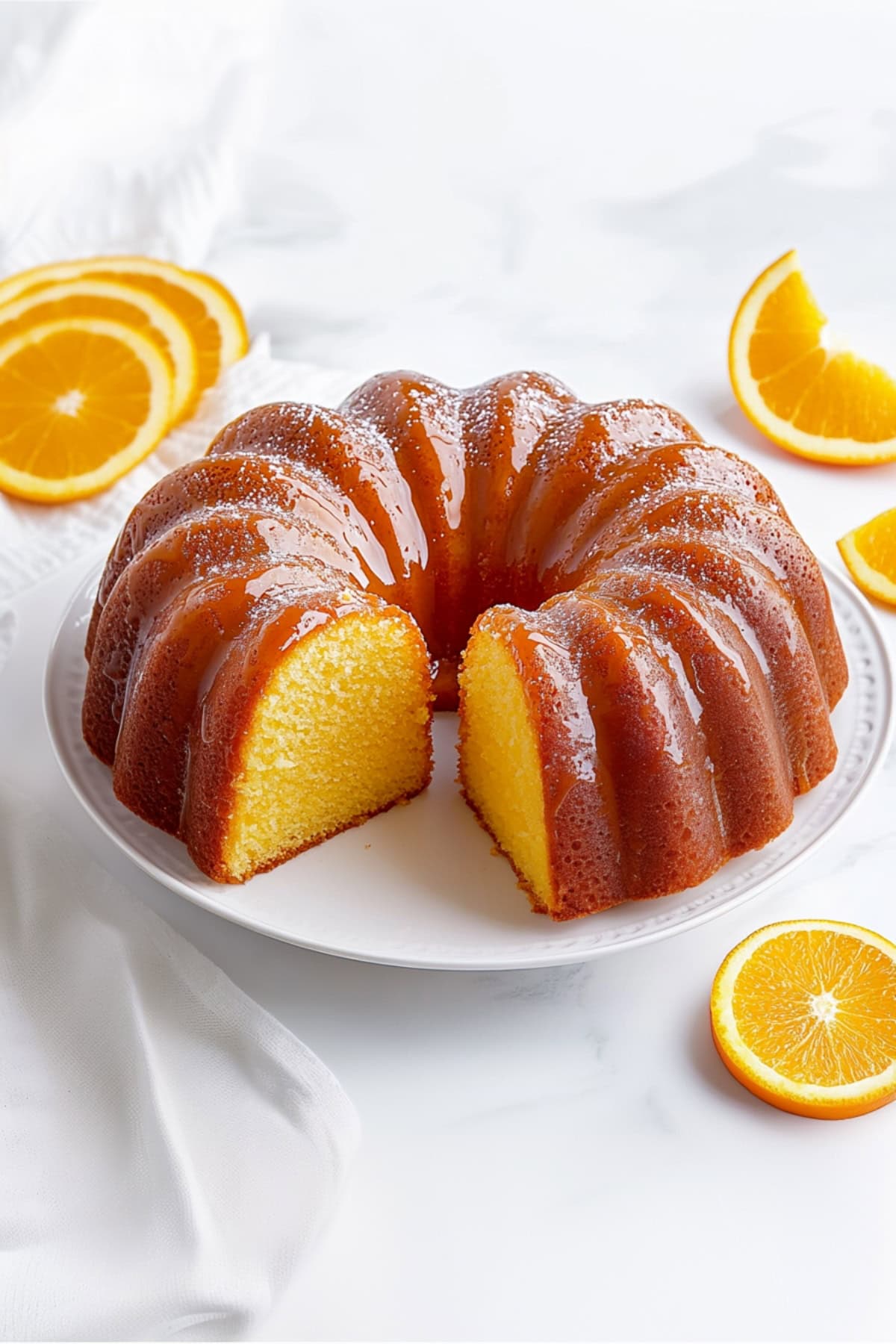 A bundt-style orange juice cake with a bright, glossy glaze.