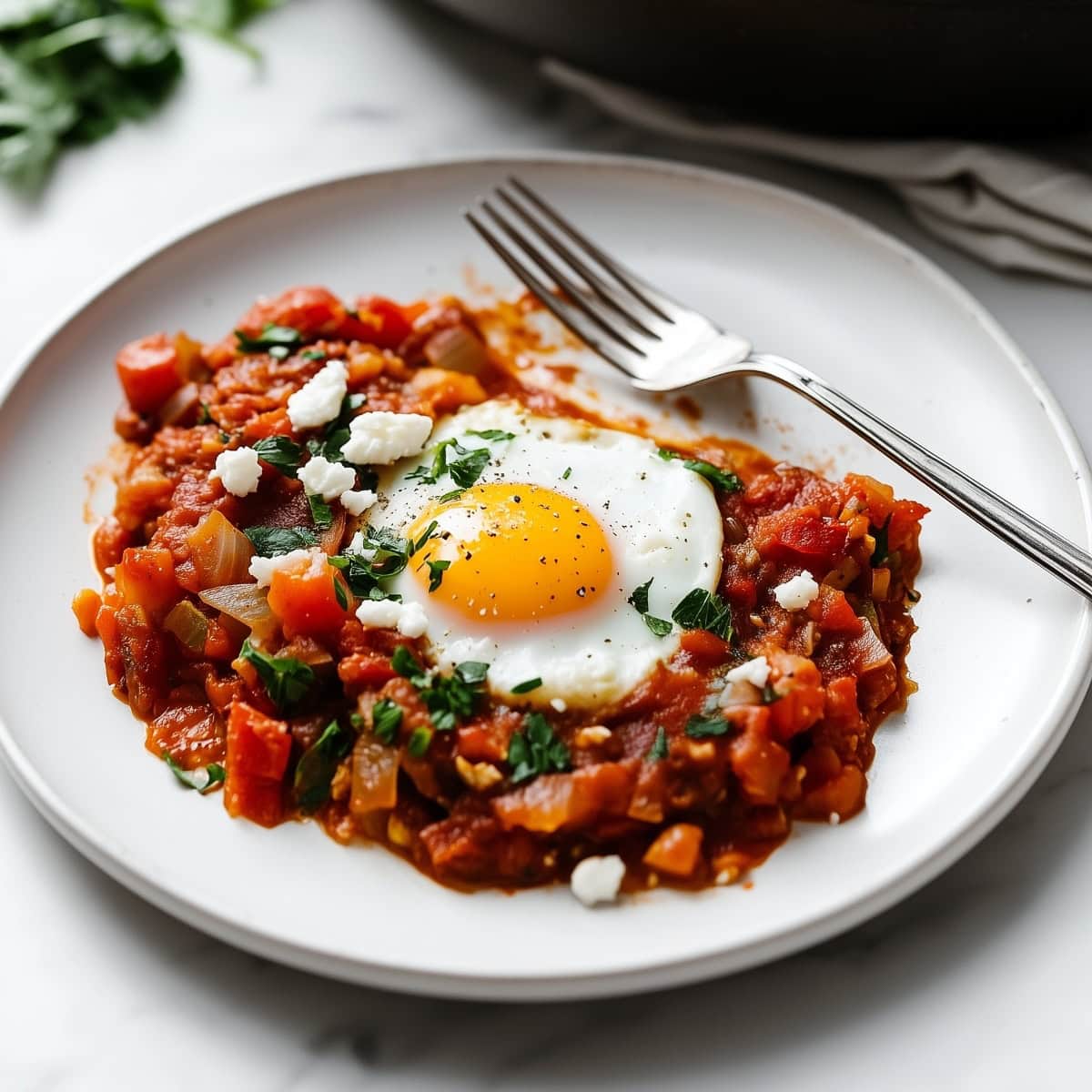 Vibrant red shakshuka with soft, yolk eggs and a sprinkle of feta cheese.