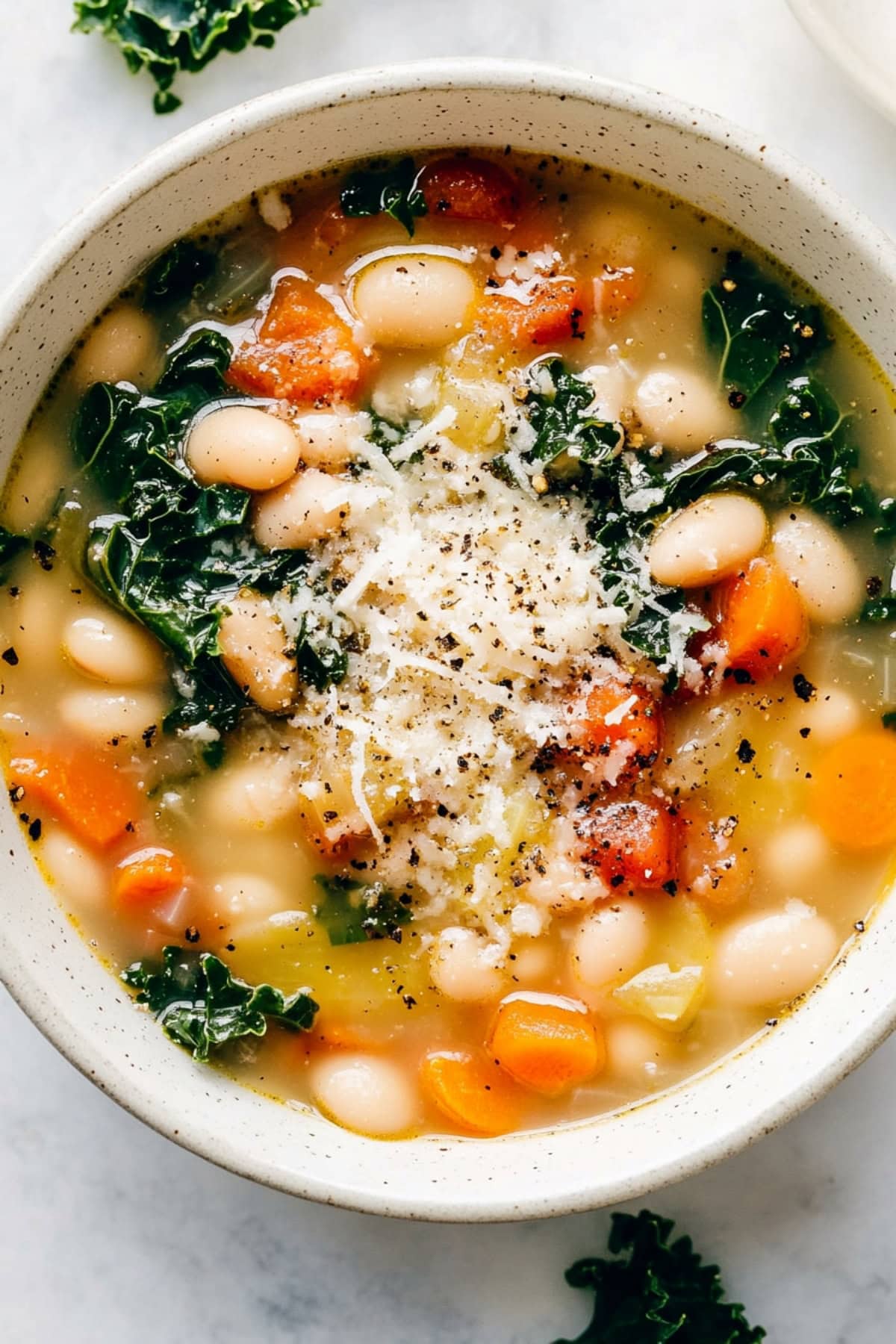 A hearty bowl of Tuscan white bean soup with vibrant green and carrots in a rich savory broth.