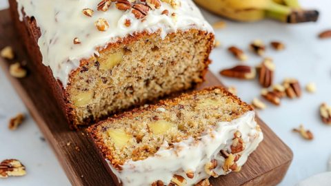 Sliced hummingbird bread sitting on top of wooden board.