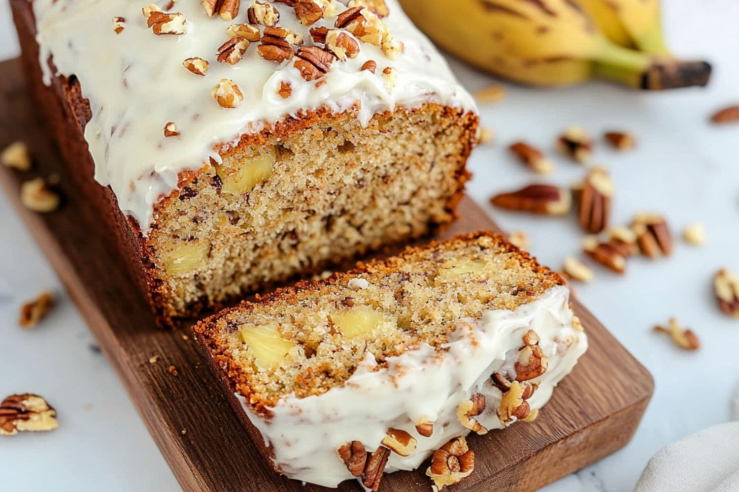 Sliced hummingbird bread sitting on top of wooden board.