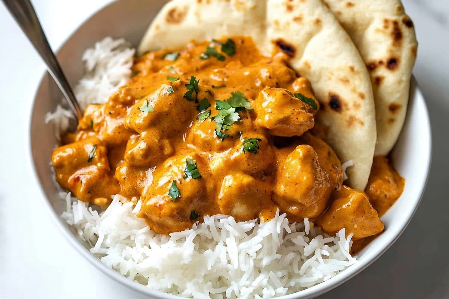 A serving of butter chicken alongside a portion of rice and naan bread.