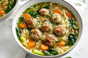 A cozy meal of Italian wedding soup, with a clear broth filled with meatballs and fresh vegetables.