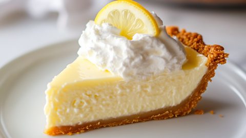 Close-up of a smooth and creamy lemon chiffon pie with a fluffy texture, resting on a crisp graham crust.
