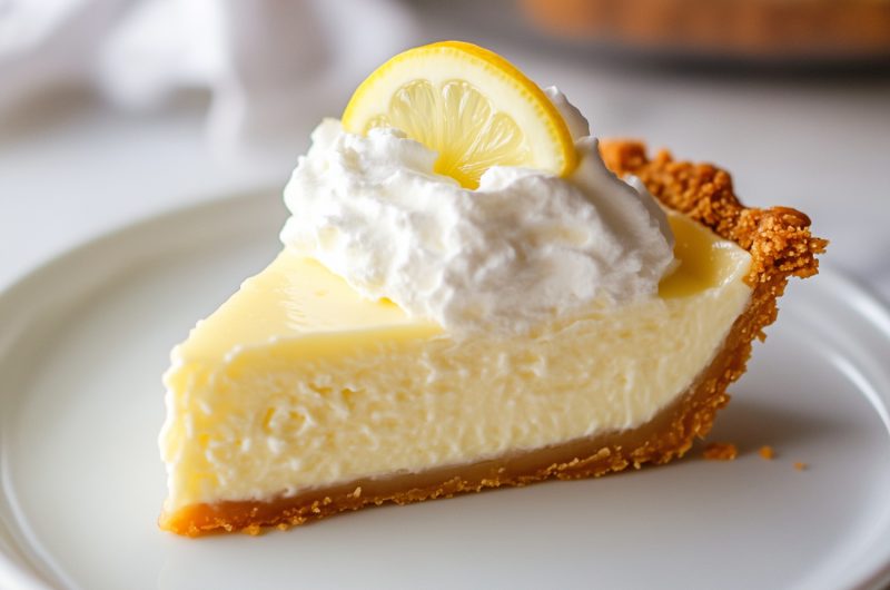 Close-up of a smooth and creamy lemon chiffon pie with a fluffy texture, resting on a crisp graham crust.