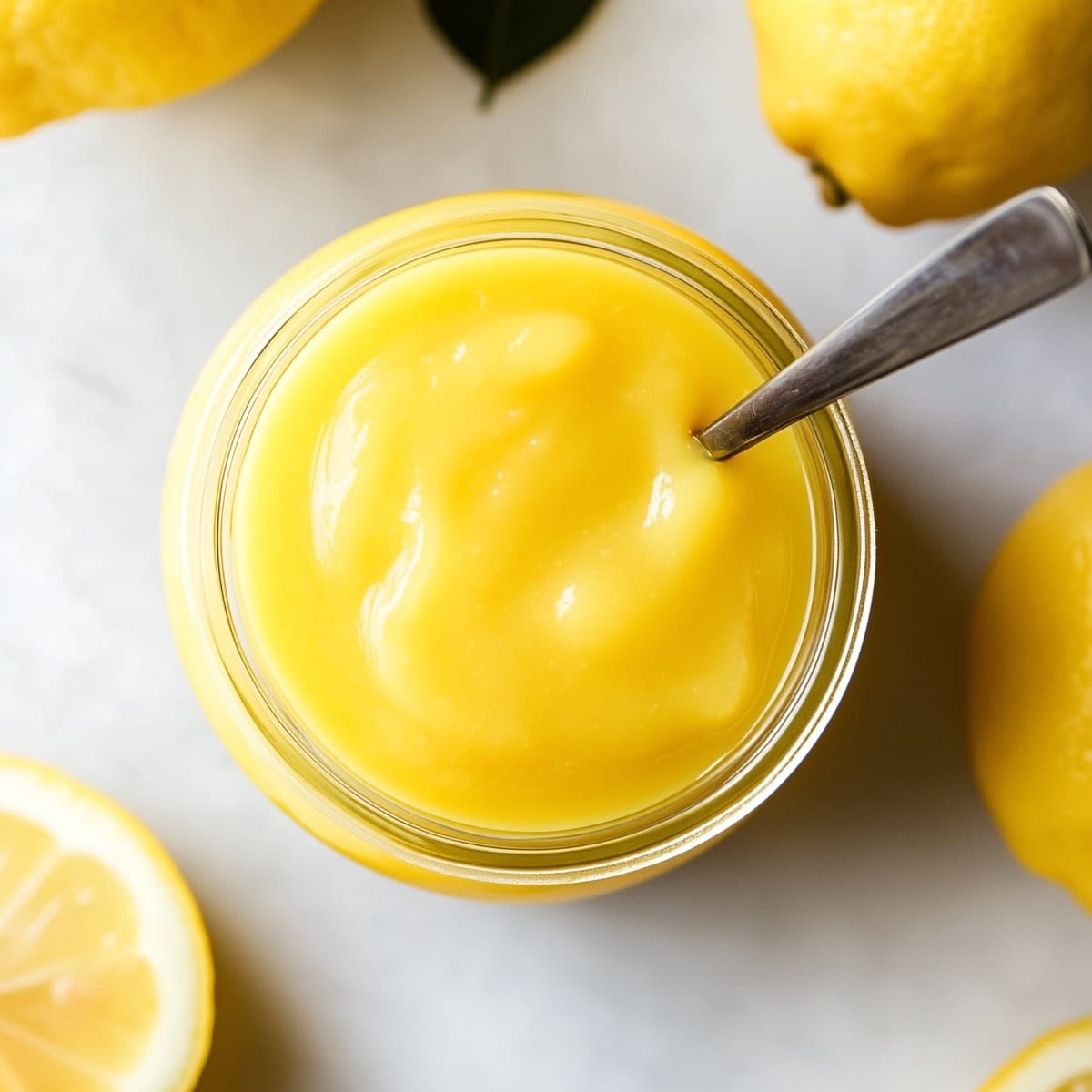 A golden-yellow jar of lemon curd, overhead view.