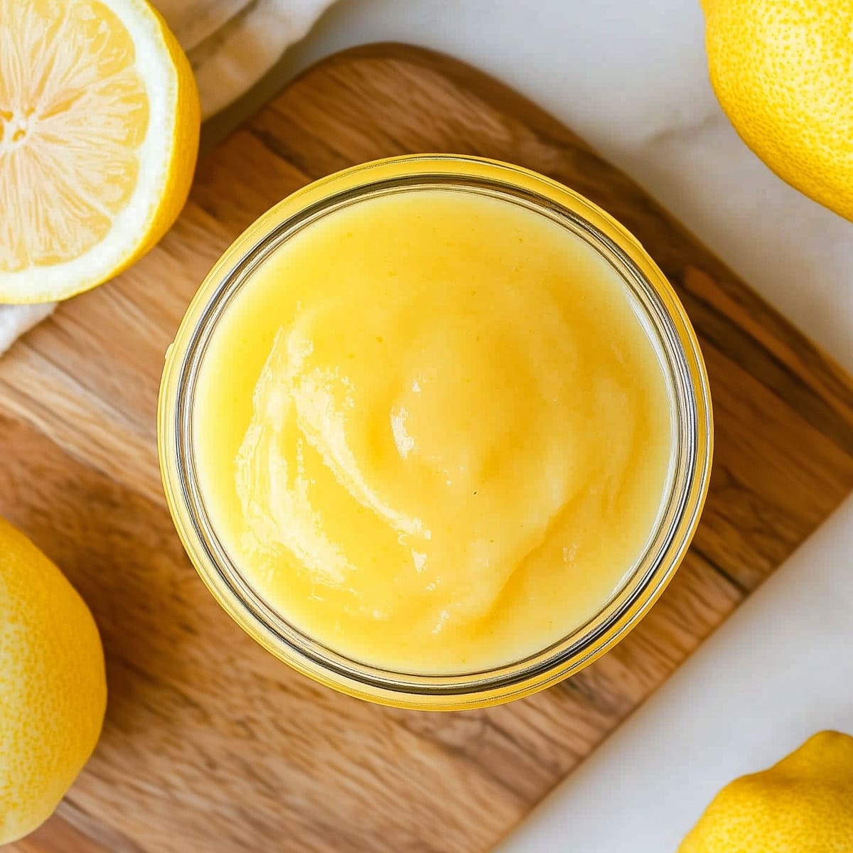 A smooth and creamy lemon curd with a rich, vibrant yellow hue, in a glass jar, top view.