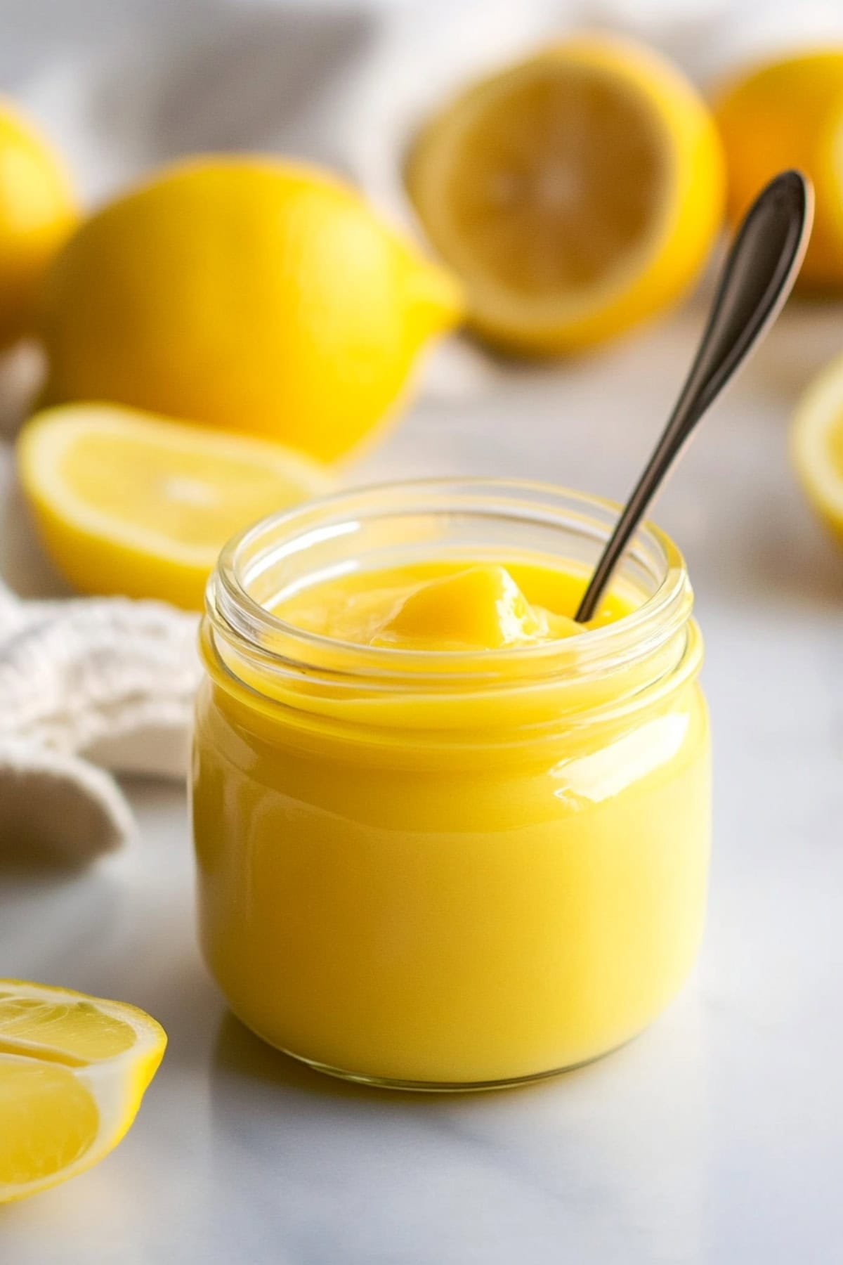 A close-up of zesty lemon curd in a glass jar on a white marble table.