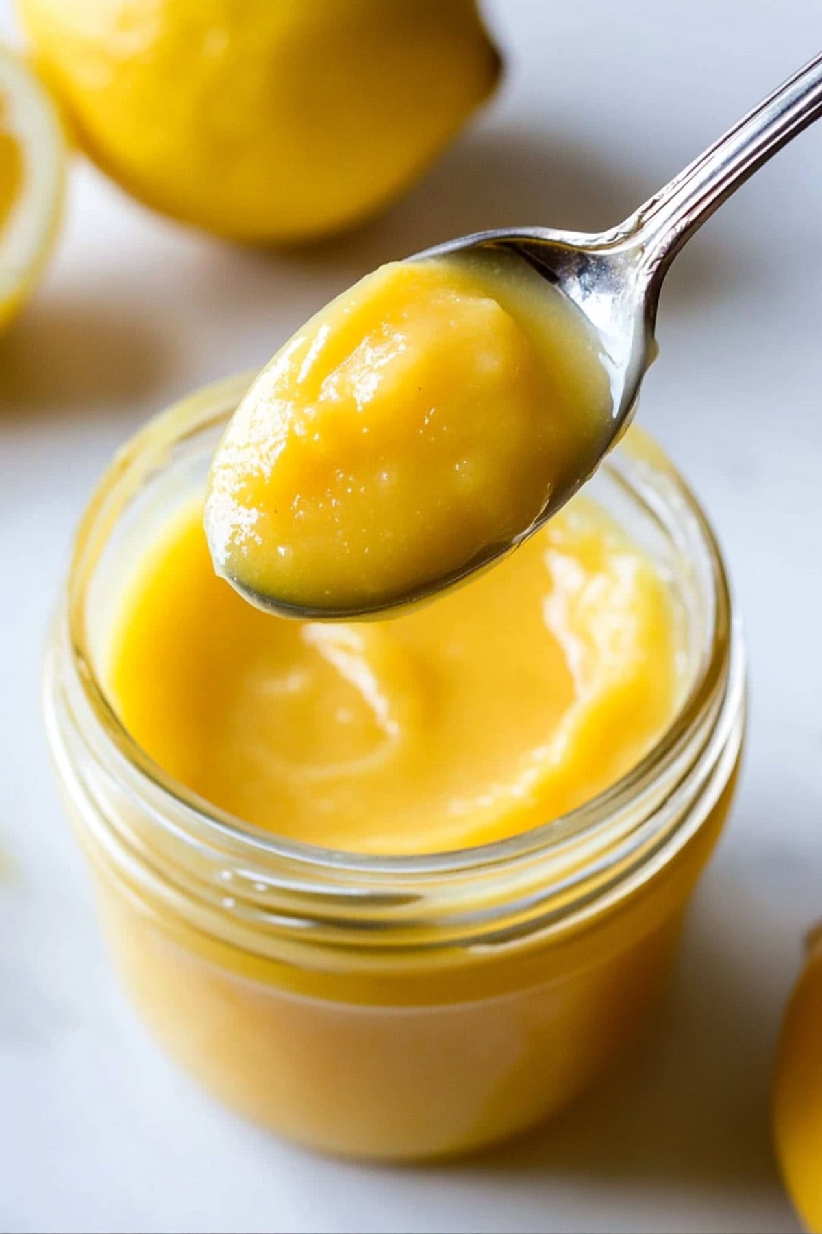 A glass jar of of lemon curd with a spoon scooping out a portion, top view