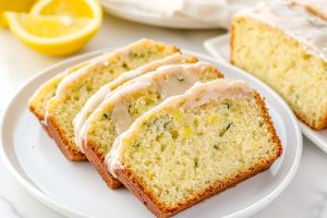 Homemade lemon zucchini bread slices on a white plate