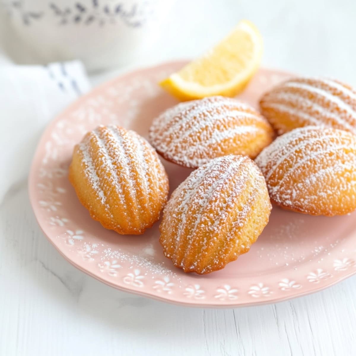 Buttery madeleines with powdered sugar on a pink plate with a slice of lemon on the side.