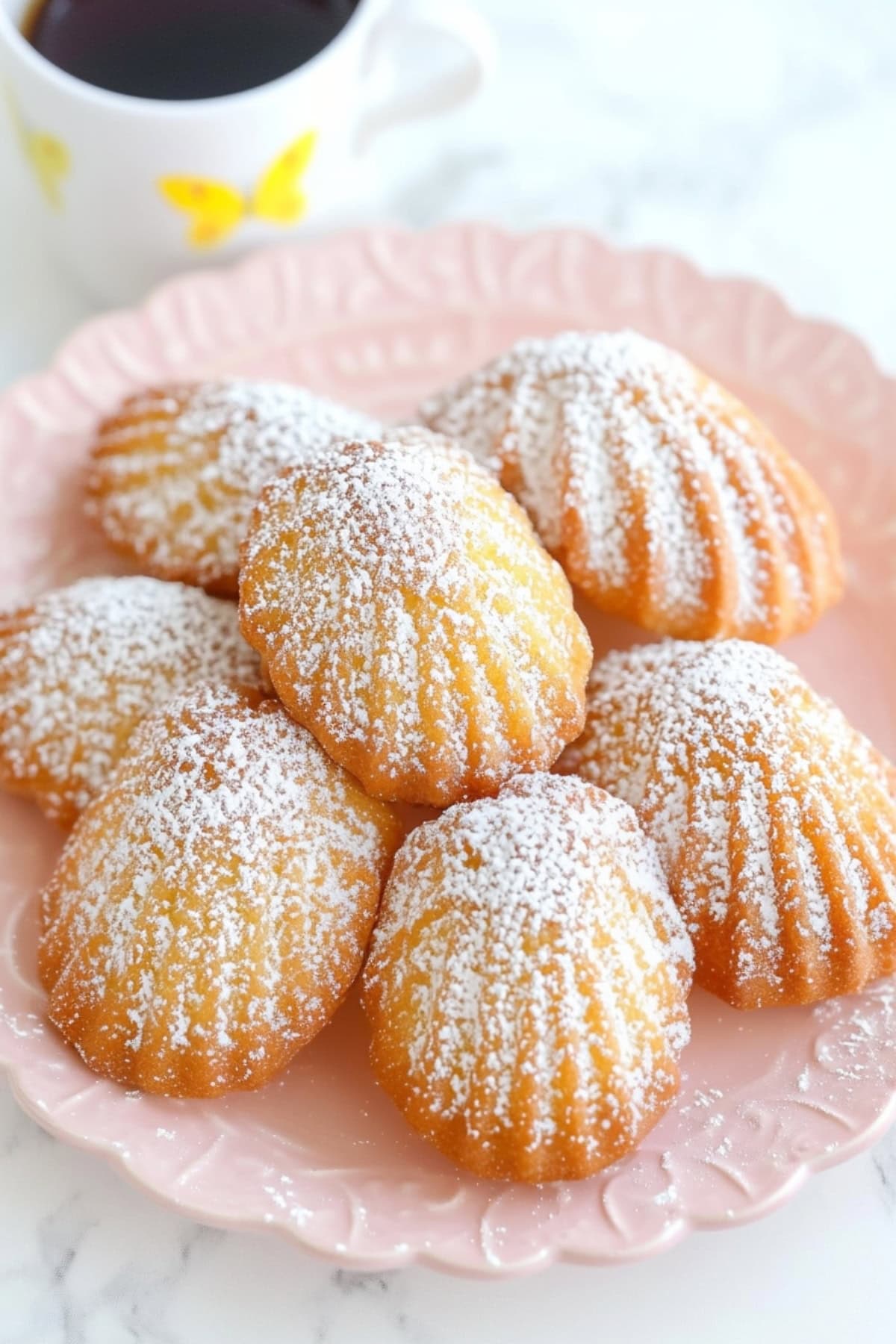 Classic French Madeleines on a pink plate.