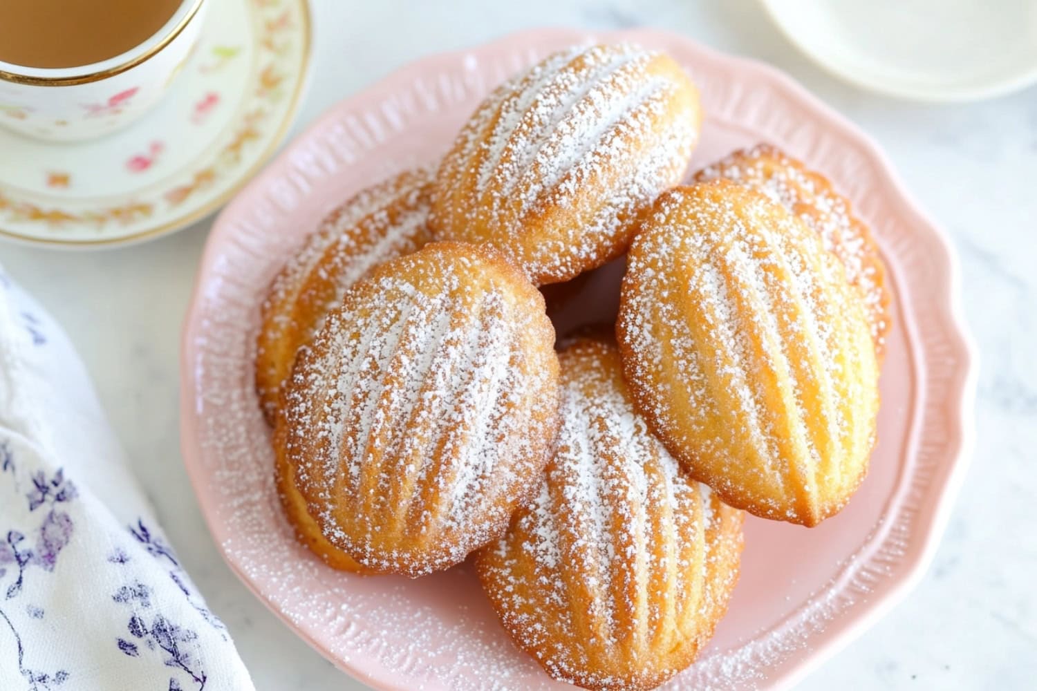 An overhead view of madeleines on a pink plate, served with a cup of coffee.