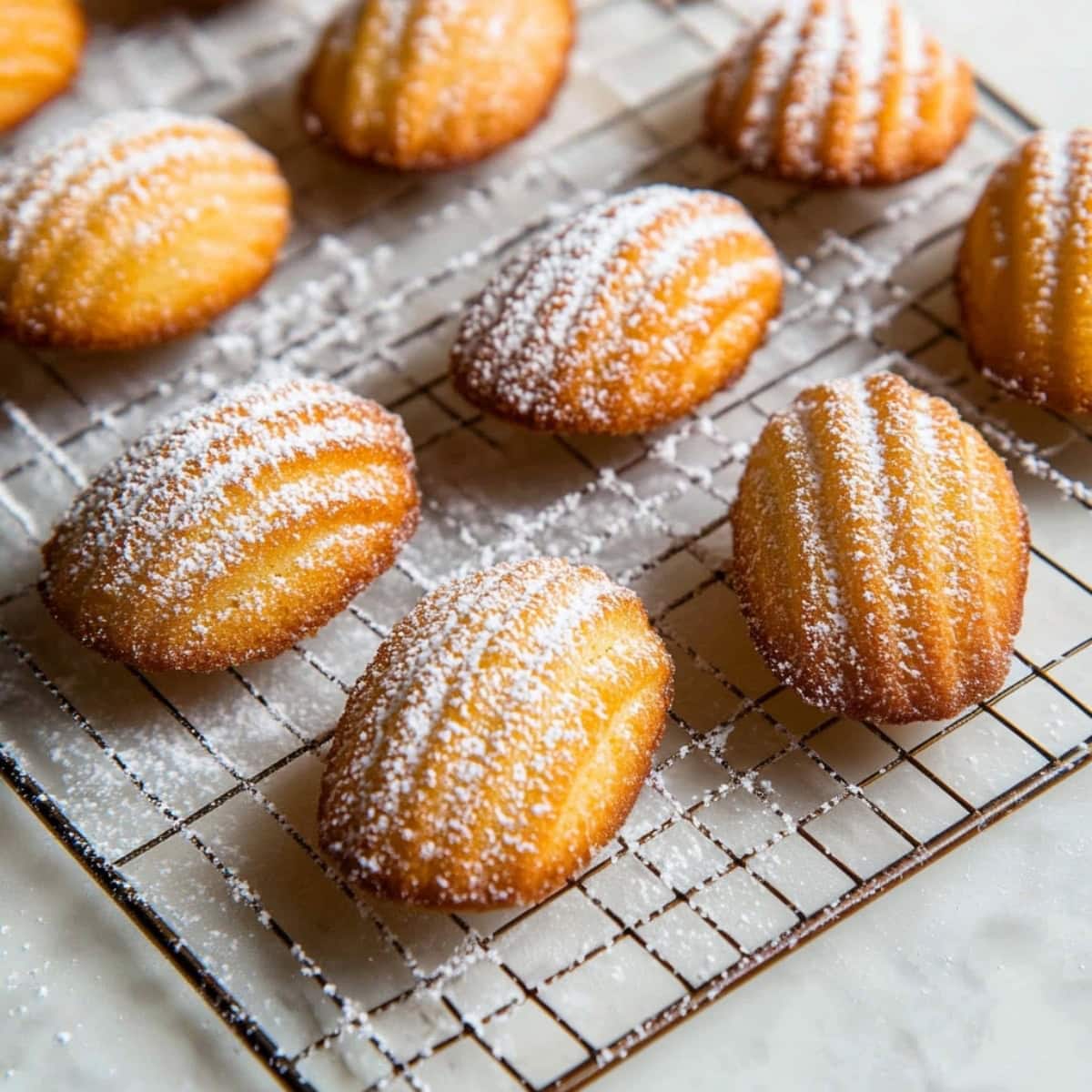 A close-up of soft, buttery madeleines dusted with powdered sugar