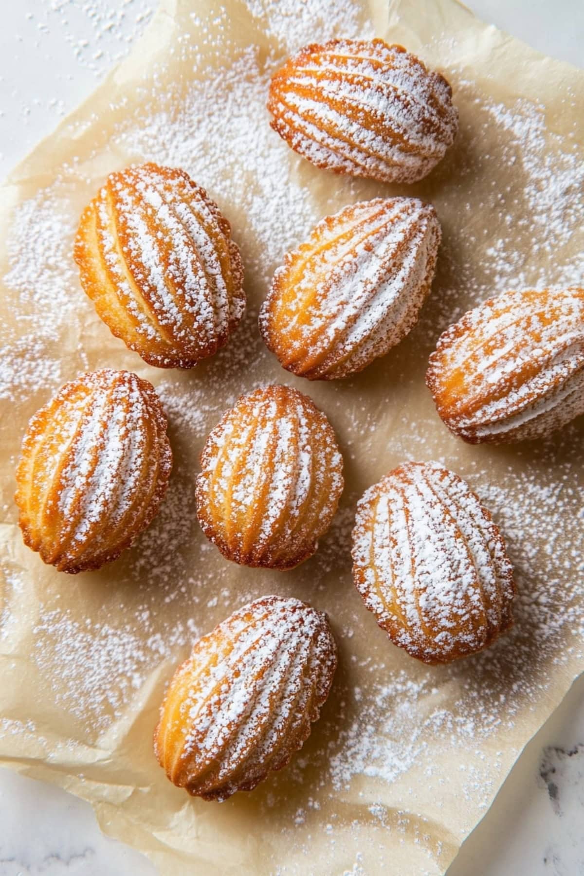 Classic shell-shaped madeleines on parchment paper with a dusting powdered sugar, top view