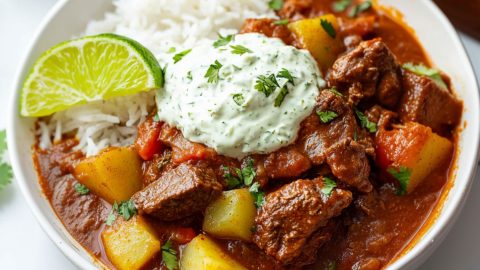 Mexican beef stew served on top of white rice with a dollop of lime crema.