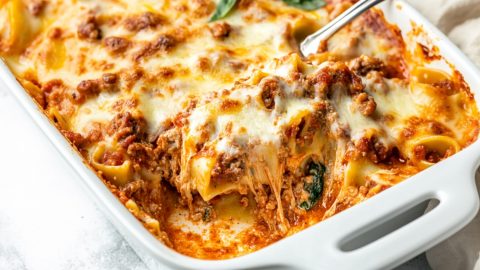 Sausage and cheese mixture with ravioli baked in a casserole.
