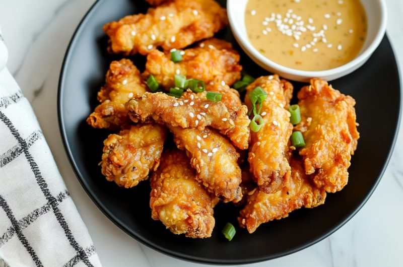 Deep fried Mochiko chicken with honey mustard sauce for dipping.