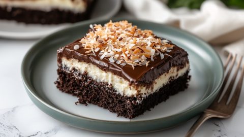 Mounds Candy Bars Cake slice on a plate