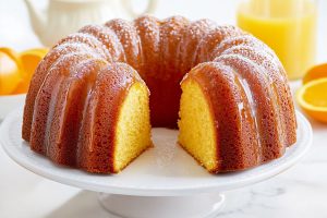 An angled view of an orange juice bundt cake, with its glossy citrus glaze reflecting the light.